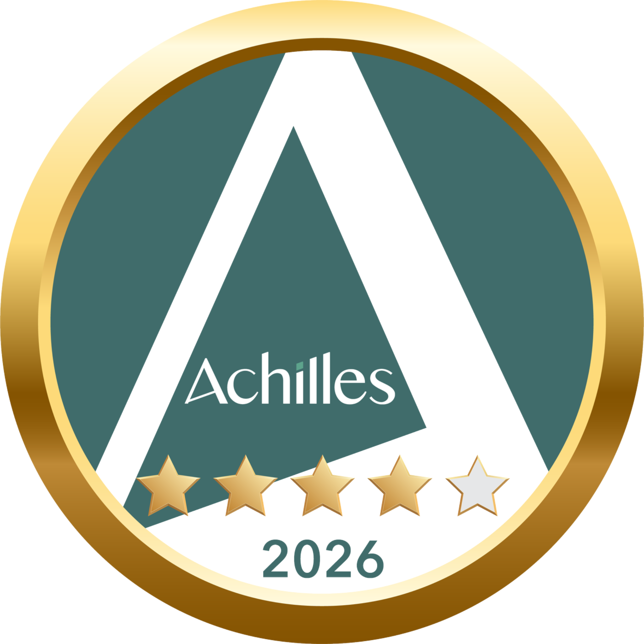 Distintivo oficial de puntuación de sostenibilidad de Achilles para 2026, con cuatro estrellas.
