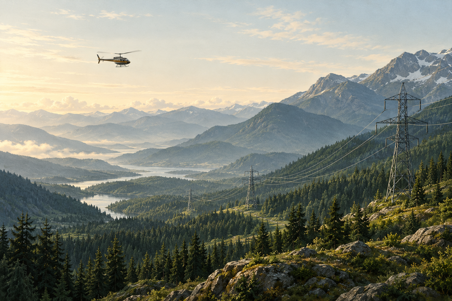 Ilustración de un corredor de transmisión en terreno montañoso, con un helicóptero en el cielo.